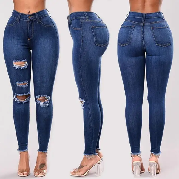 KXX608 High Quality Ripped Blue Denim Pants Skinny Denim Slim Fit Stretch Women Jeans